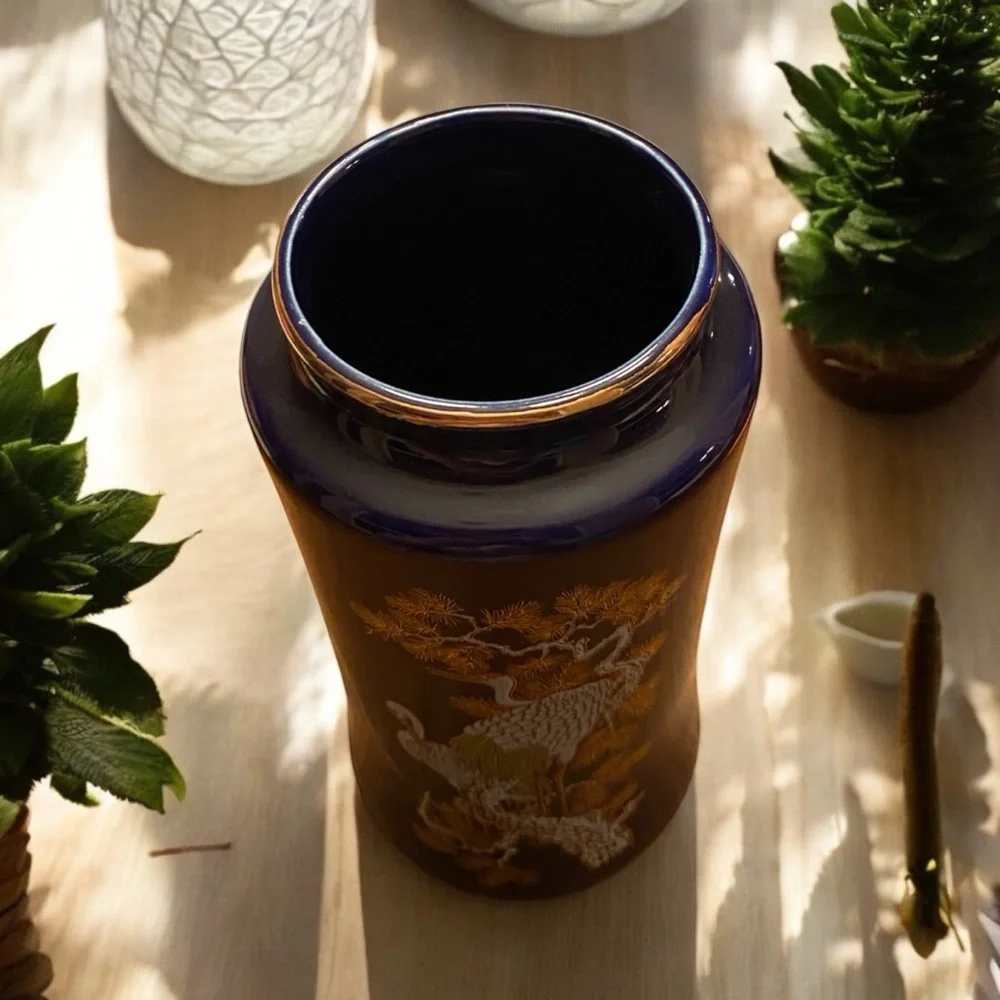 Vintage Japanese Cobalt Blue Porcelain Vase Crane & Pine Tree 6”